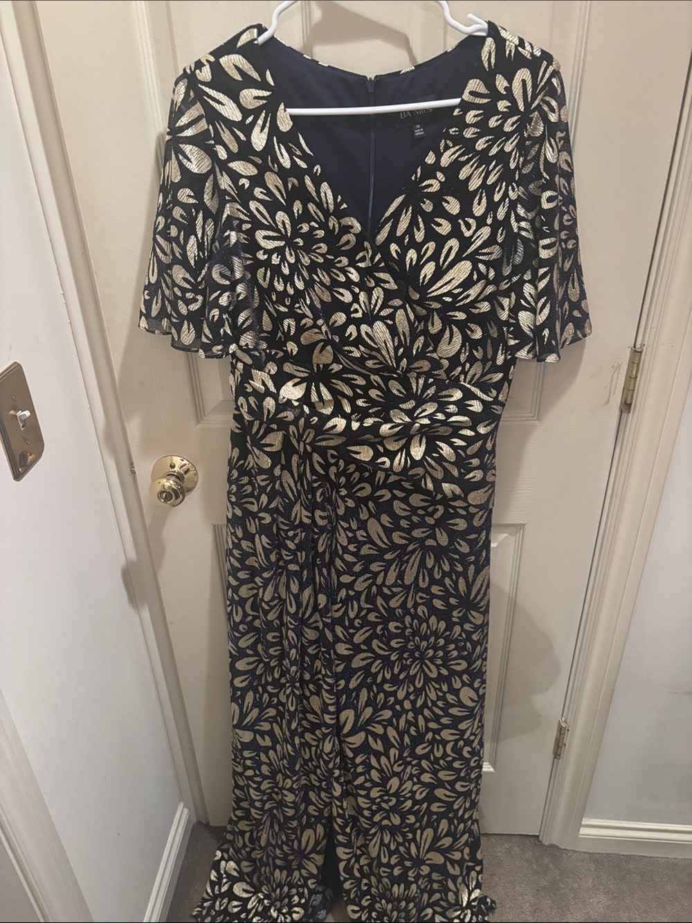 R&M Richards Black and Gold Floral Wrap Evening Dress size large